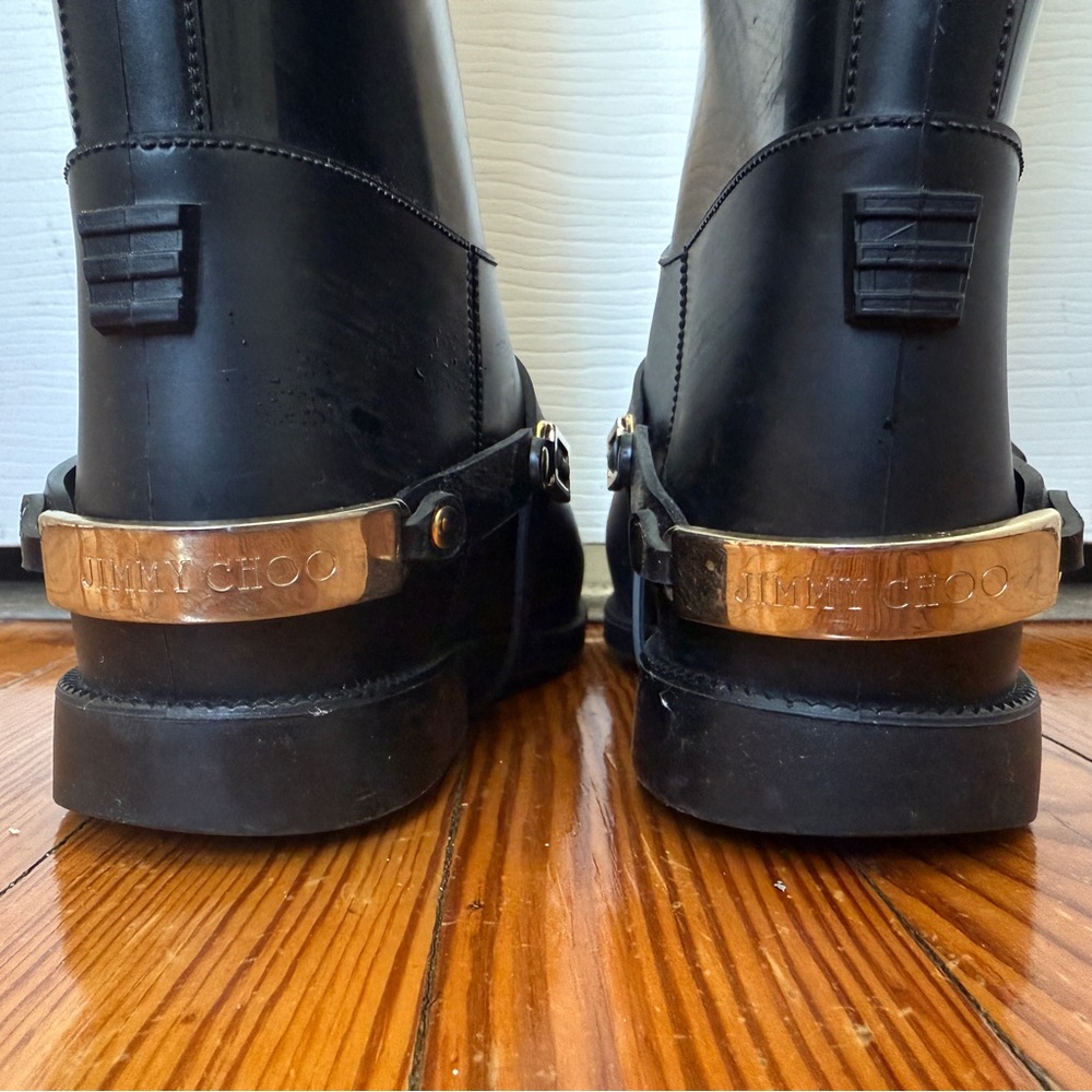 Jimmy Choo Cheshire Rainboots (Size 36) Black/Gold with Buckle EUC